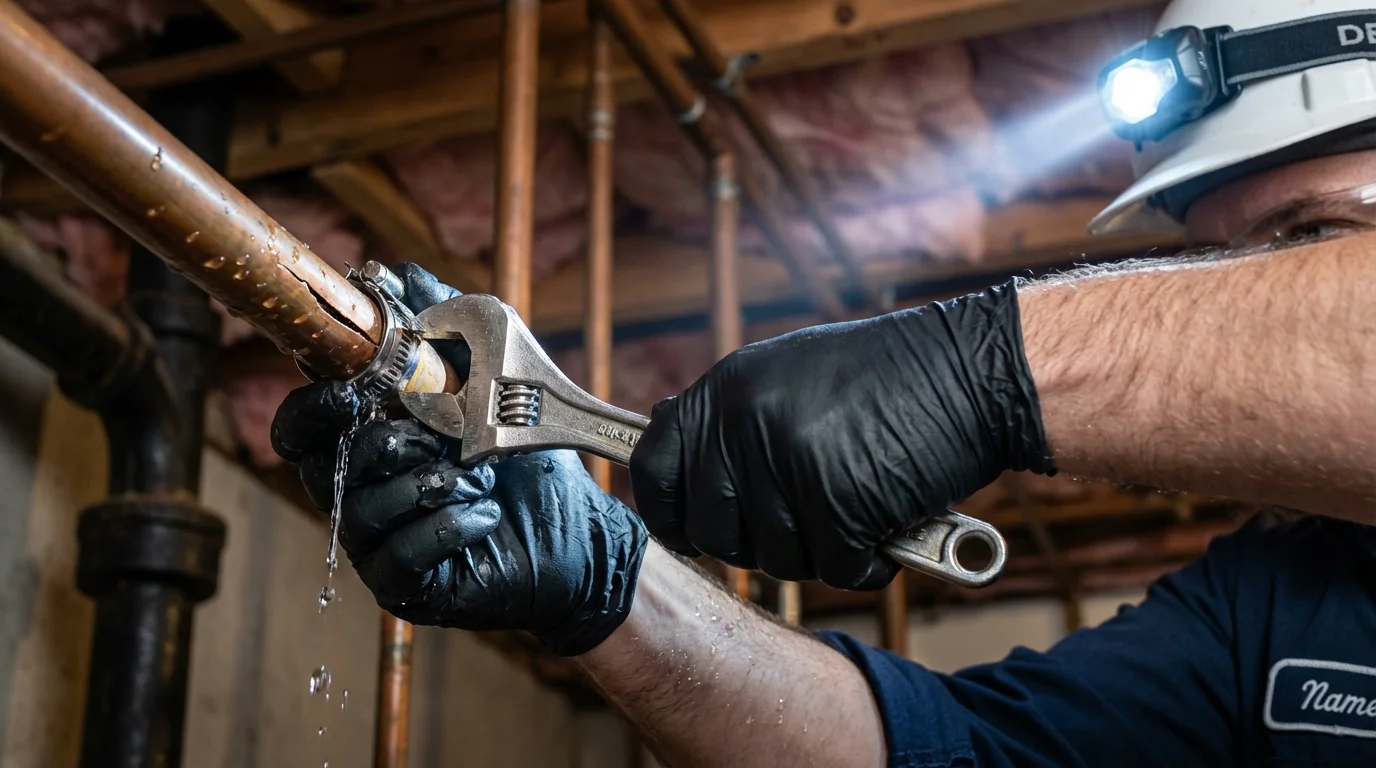 Emergency pipe clamp repair being performed by a Johns Plumbing LLC plumber in Richland