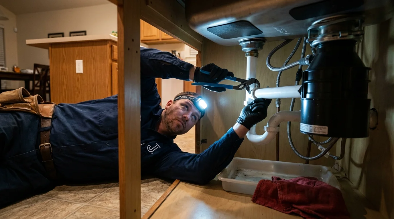 P-trap and supply line connections under a kitchen sink showing a common leak point in Richland, WA